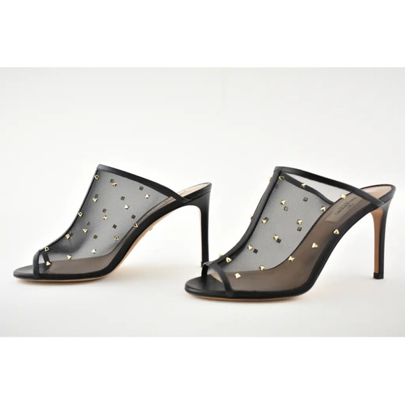 Valentino Rockstud Black Shining Mesh Mule Slide Backless Sandal Heel Pump 36.5 - Picture 8 of 10